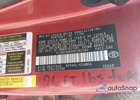 2009 Toyota Camry Le from USA, damaged, VIN 4T1BE46K99U385280